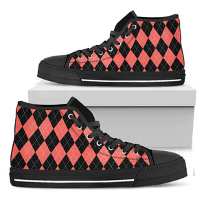 Black And Coral Argyle Pattern Print Black High Top Shoes