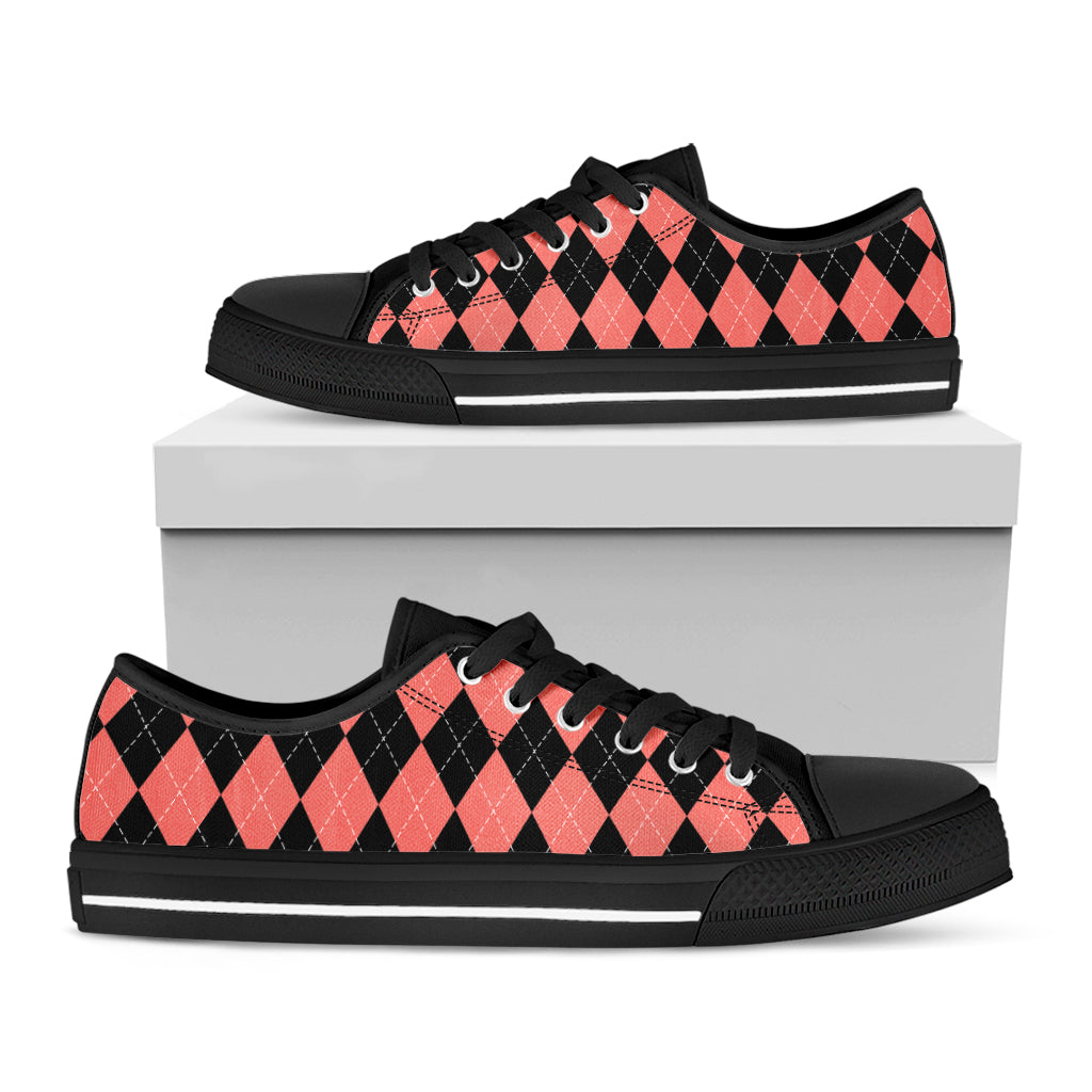 Black And Coral Argyle Pattern Print Black Low Top Shoes