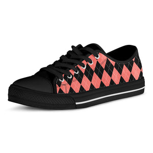 Black And Coral Argyle Pattern Print Black Low Top Shoes