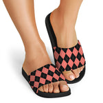 Black And Coral Argyle Pattern Print Black Slide Sandals