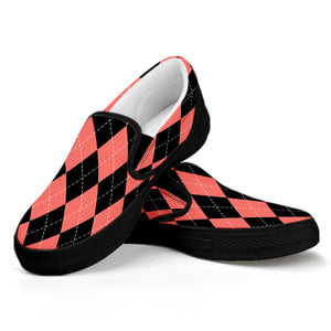 Black And Coral Argyle Pattern Print Black Slip On Shoes