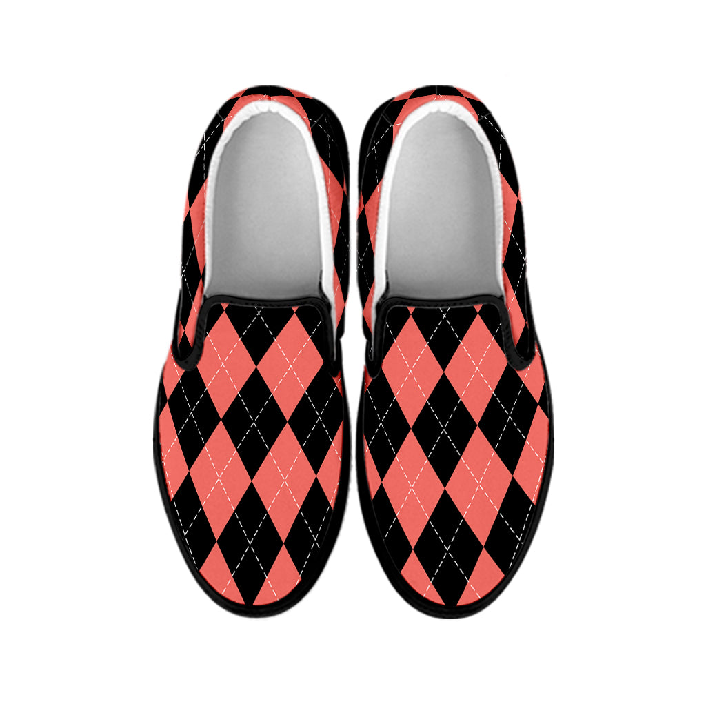 Black And Coral Argyle Pattern Print Black Slip On Shoes