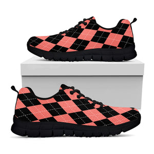 Black And Coral Argyle Pattern Print Black Sneakers