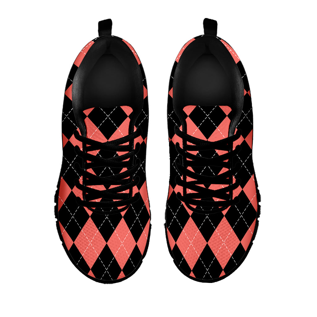 Black And Coral Argyle Pattern Print Black Sneakers