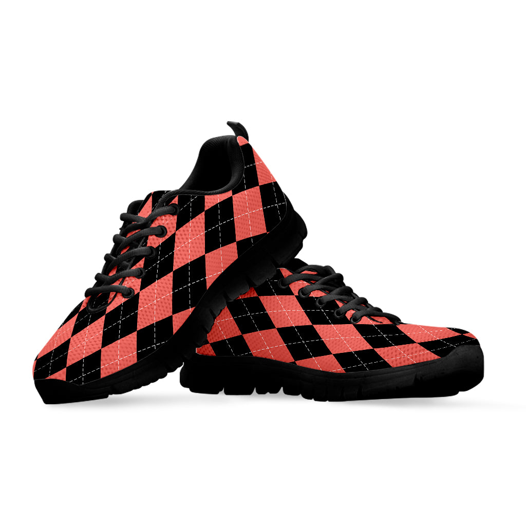 Black And Coral Argyle Pattern Print Black Sneakers