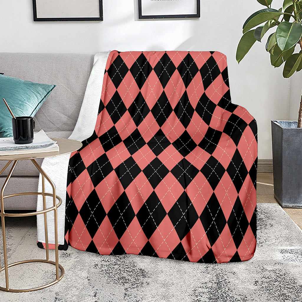 Black And Coral Argyle Pattern Print Blanket