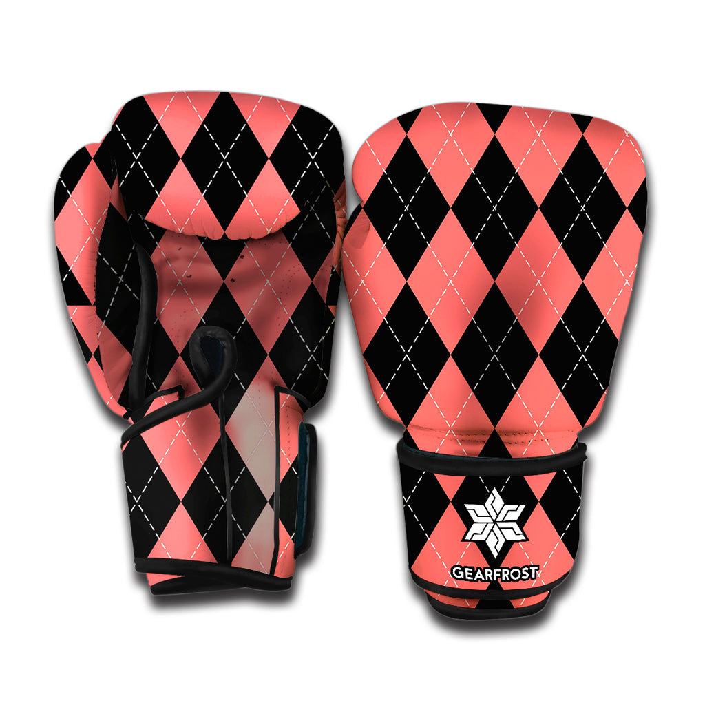 Black And Coral Argyle Pattern Print Boxing Gloves