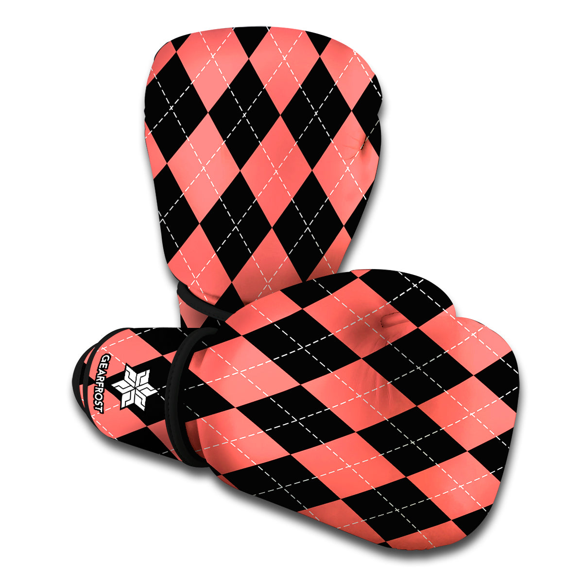 Black And Coral Argyle Pattern Print Boxing Gloves