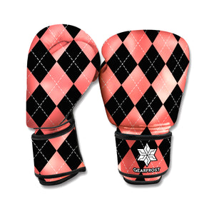 Black And Coral Argyle Pattern Print Boxing Gloves