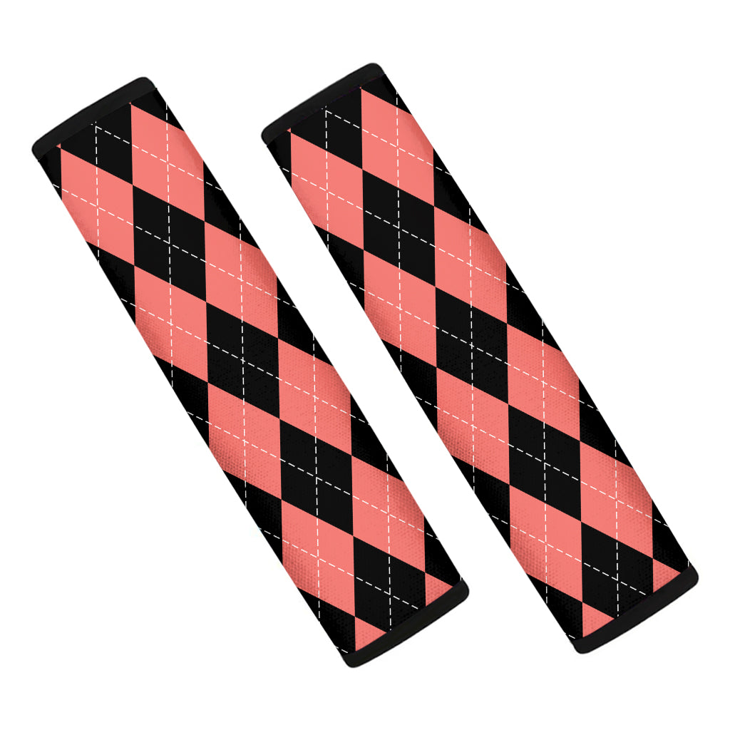 Black And Coral Argyle Pattern Print Car Seat Belt Covers