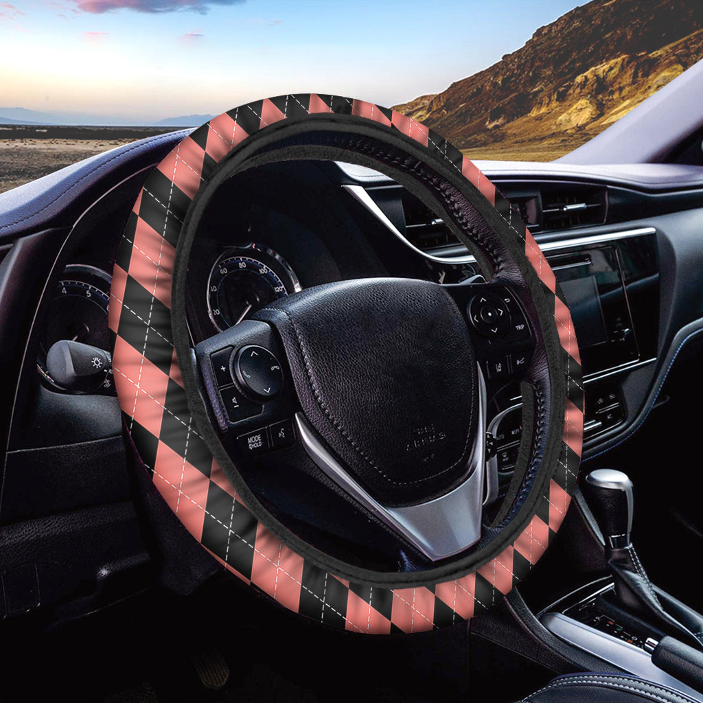 Black And Coral Argyle Pattern Print Car Steering Wheel Cover