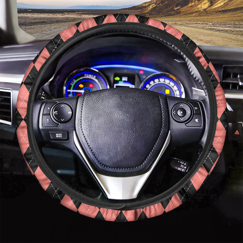 Black And Coral Argyle Pattern Print Car Steering Wheel Cover