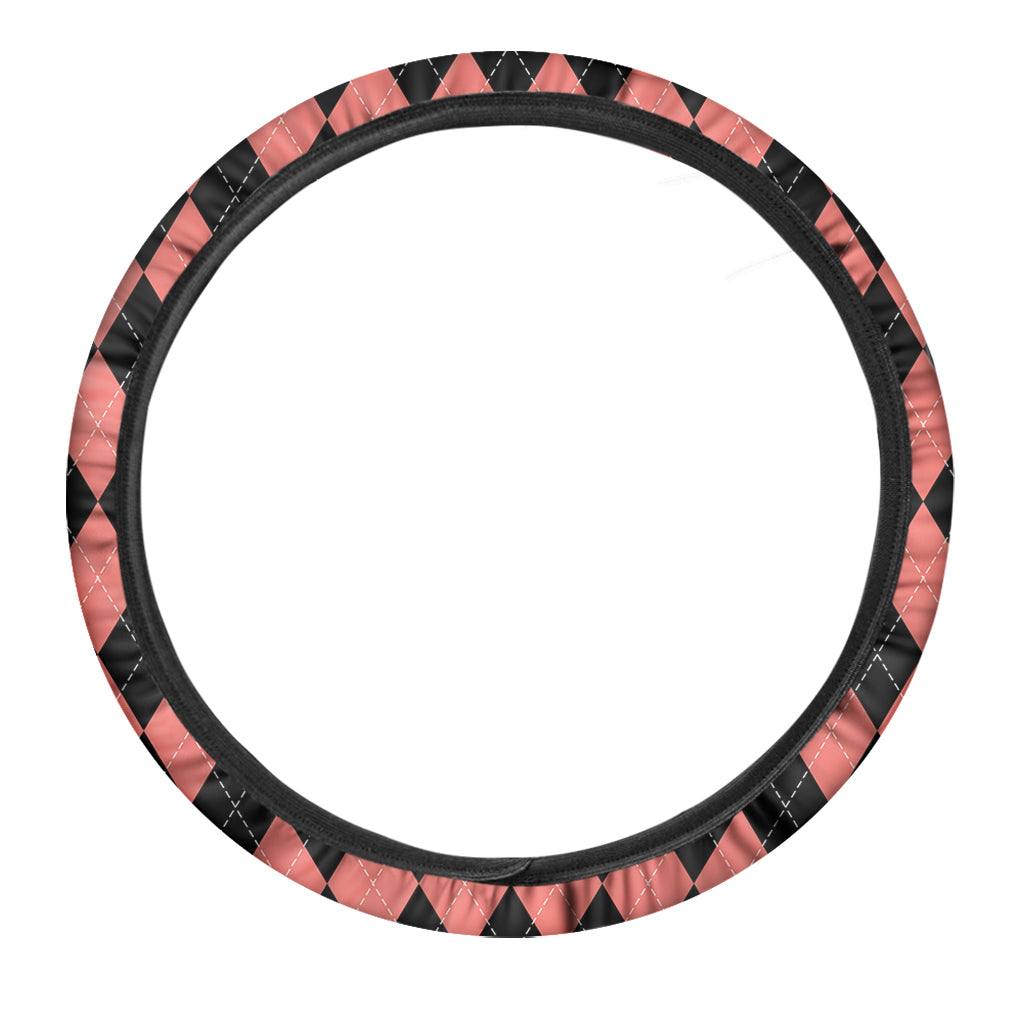 Black And Coral Argyle Pattern Print Car Steering Wheel Cover