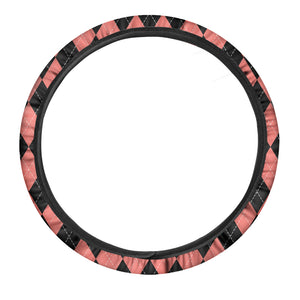 Black And Coral Argyle Pattern Print Car Steering Wheel Cover