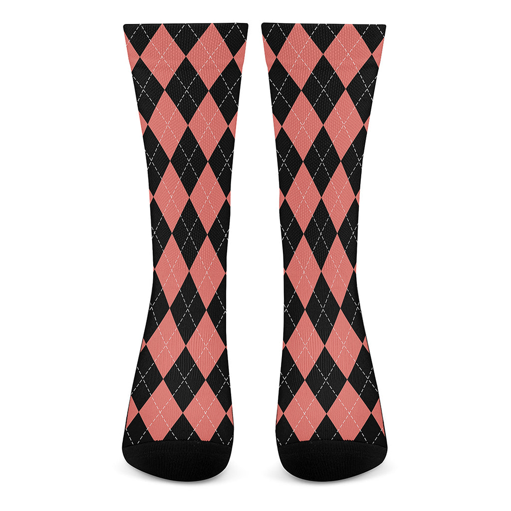 Black And Coral Argyle Pattern Print Crew Socks