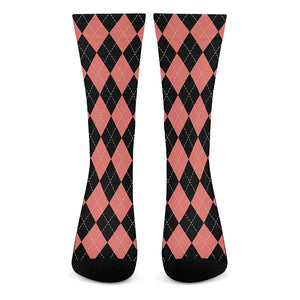 Black And Coral Argyle Pattern Print Crew Socks