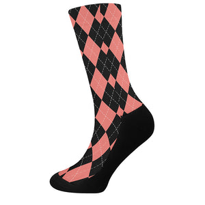 Black And Coral Argyle Pattern Print Crew Socks