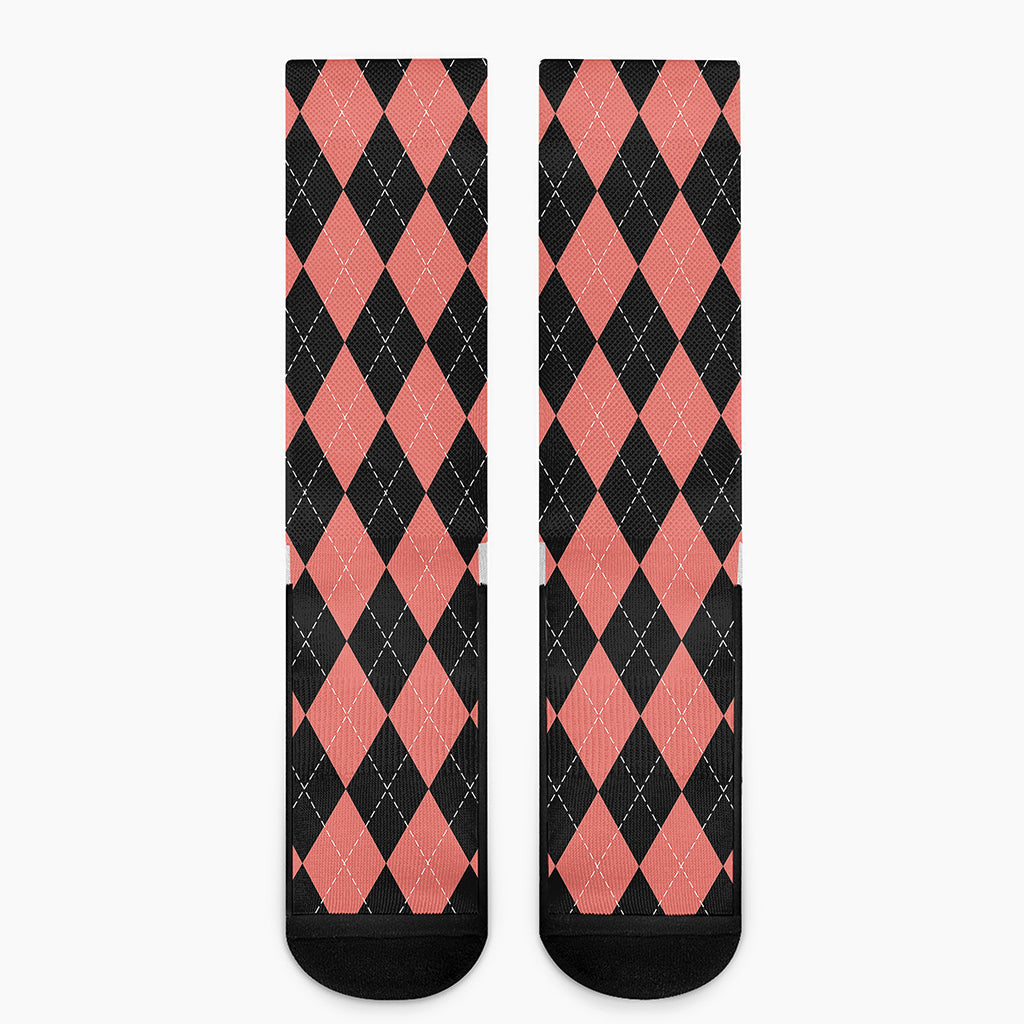 Black And Coral Argyle Pattern Print Crew Socks