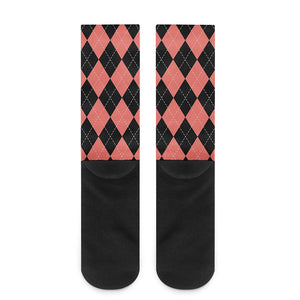 Black And Coral Argyle Pattern Print Crew Socks