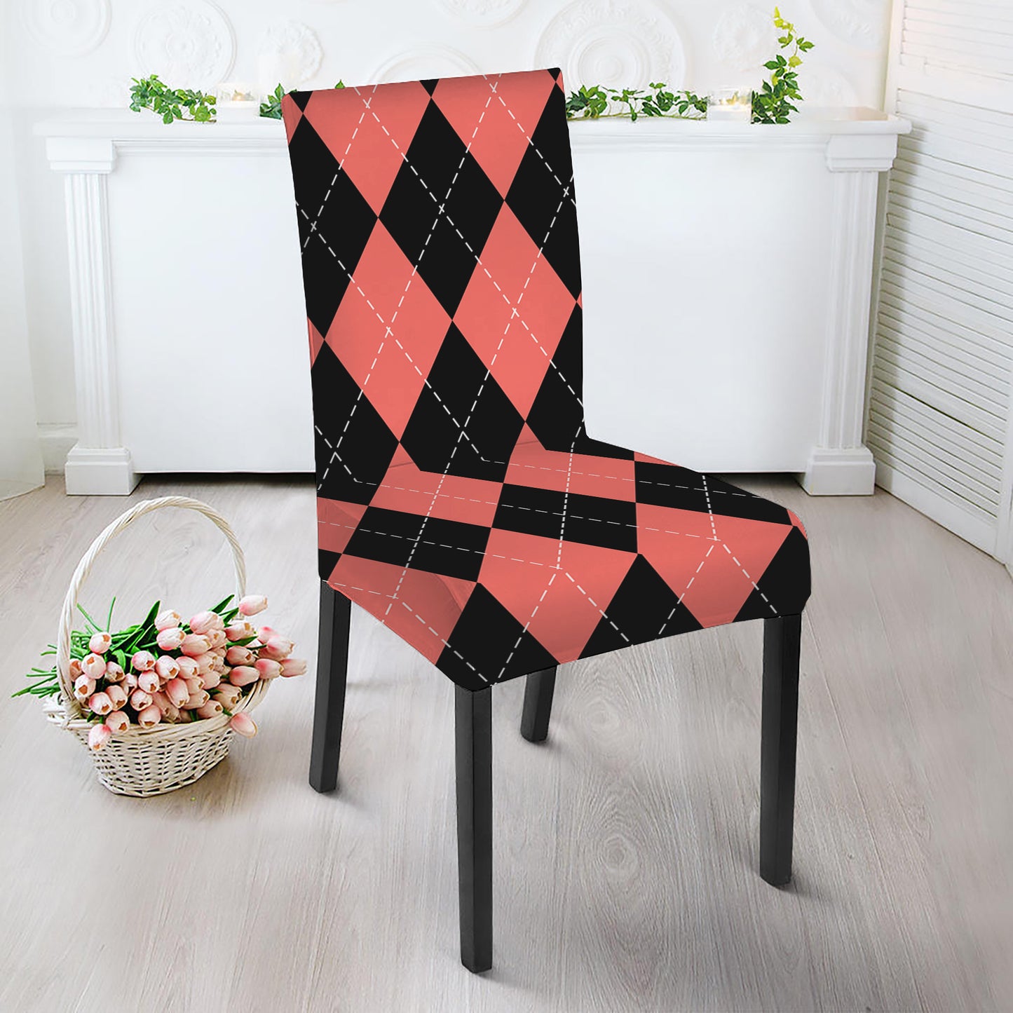 Black And Coral Argyle Pattern Print Dining Chair Slipcover