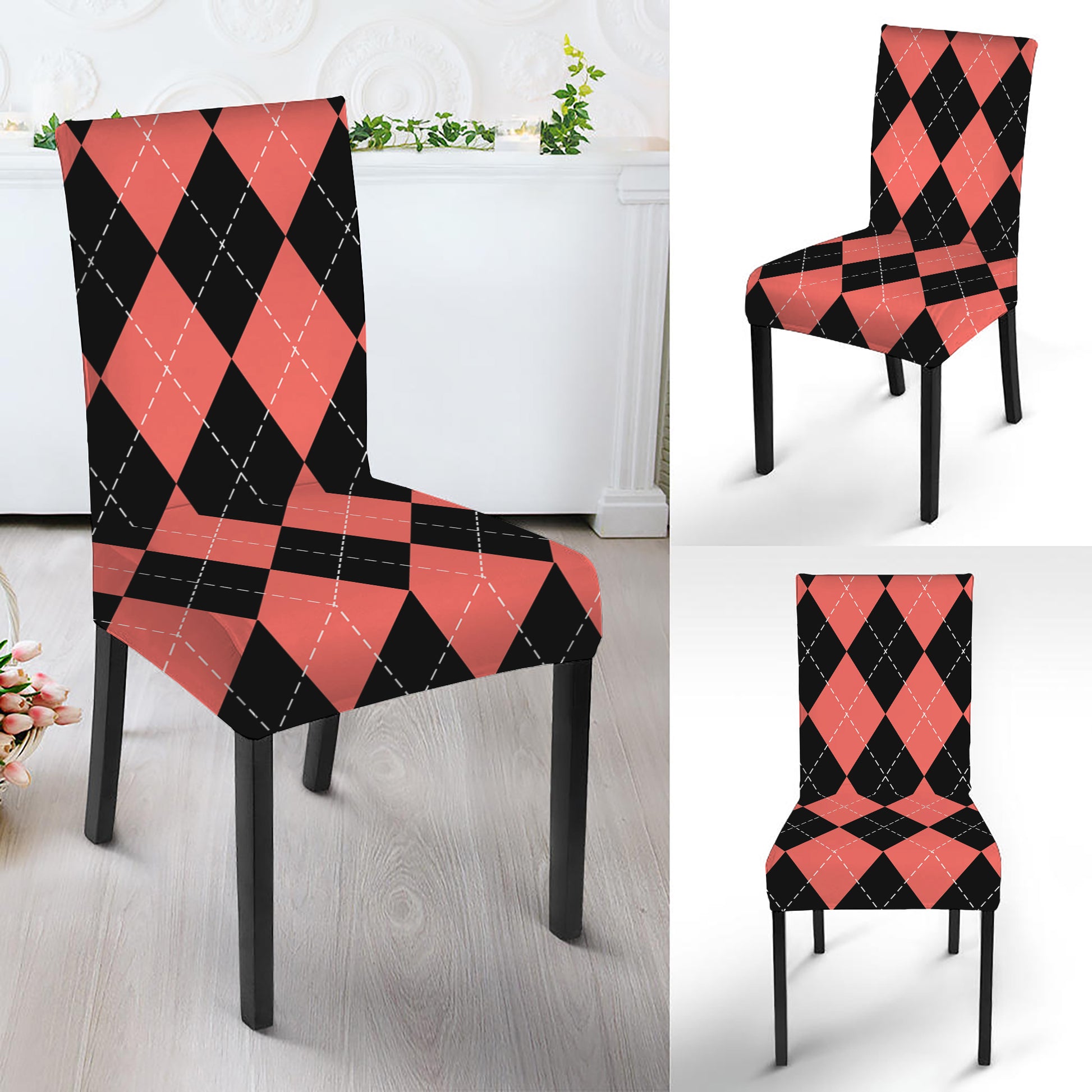 Black And Coral Argyle Pattern Print Dining Chair Slipcover
