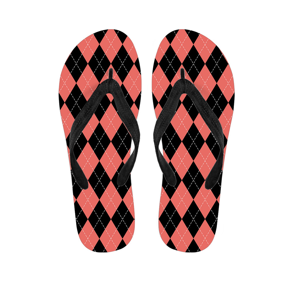 Black And Coral Argyle Pattern Print Flip Flops