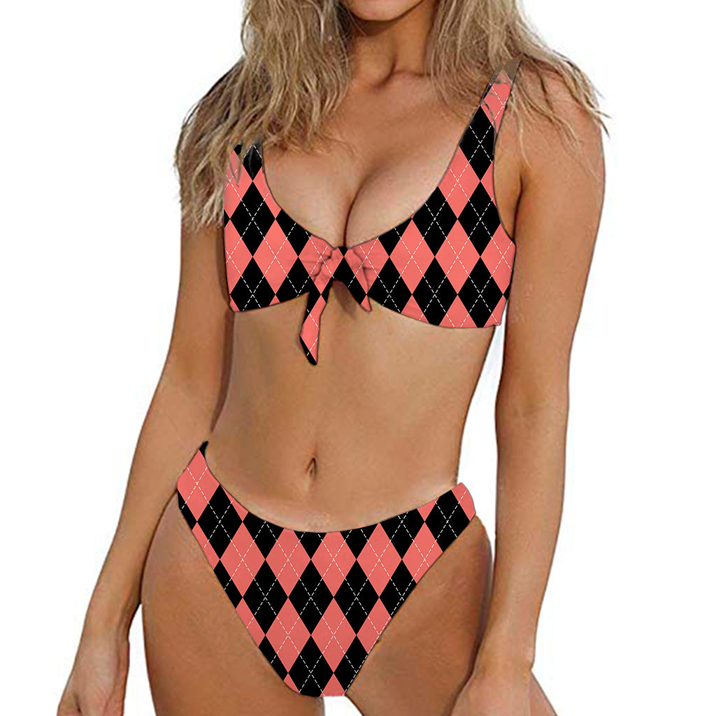 Black And Coral Argyle Pattern Print Front Bow Tie Bikini