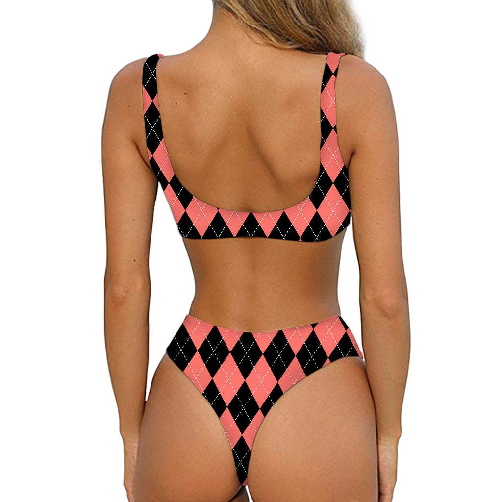 Black And Coral Argyle Pattern Print Front Bow Tie Bikini