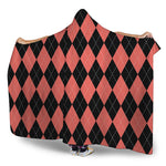 Black And Coral Argyle Pattern Print Hooded Blanket