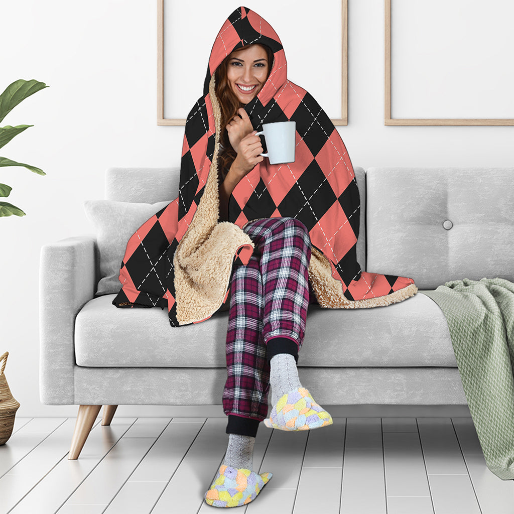 Black And Coral Argyle Pattern Print Hooded Blanket