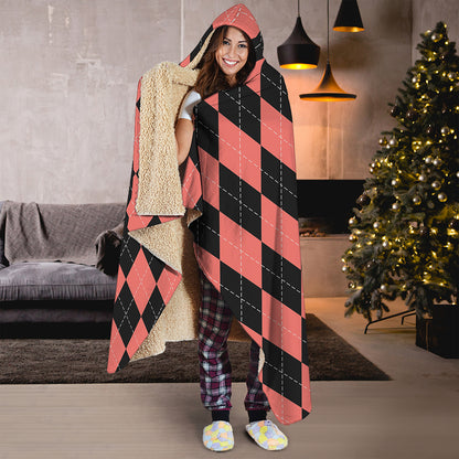 Black And Coral Argyle Pattern Print Hooded Blanket