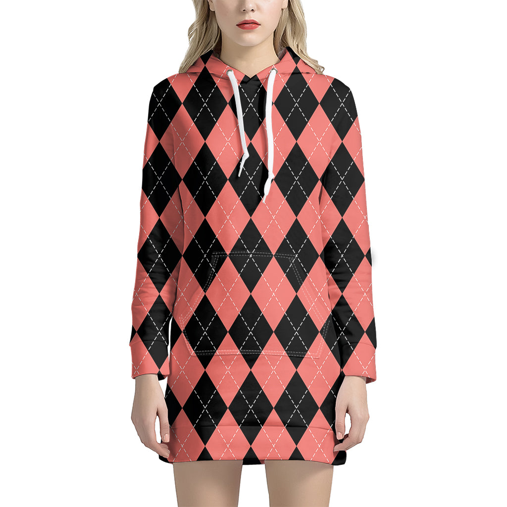 Black And Coral Argyle Pattern Print Hoodie Dress