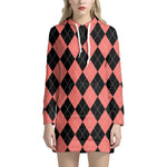 Black And Coral Argyle Pattern Print Hoodie Dress