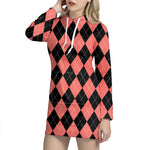 Black And Coral Argyle Pattern Print Hoodie Dress