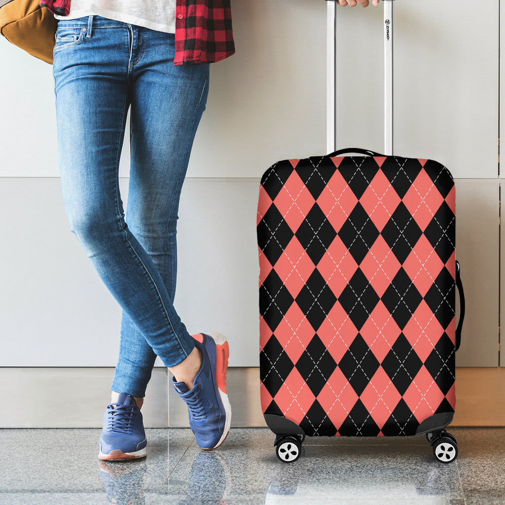 Black And Coral Argyle Pattern Print Luggage Cover