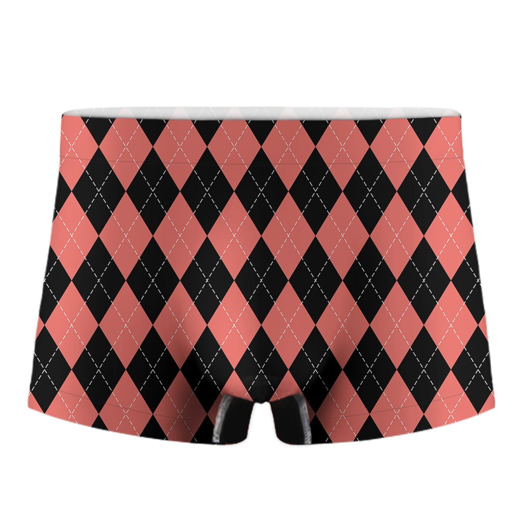 Black And Coral Argyle Pattern Print Men's Boxer Briefs