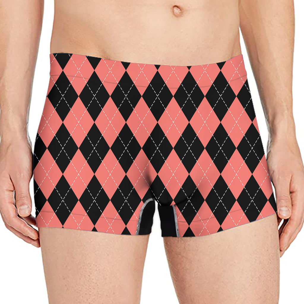 Black And Coral Argyle Pattern Print Men's Boxer Briefs