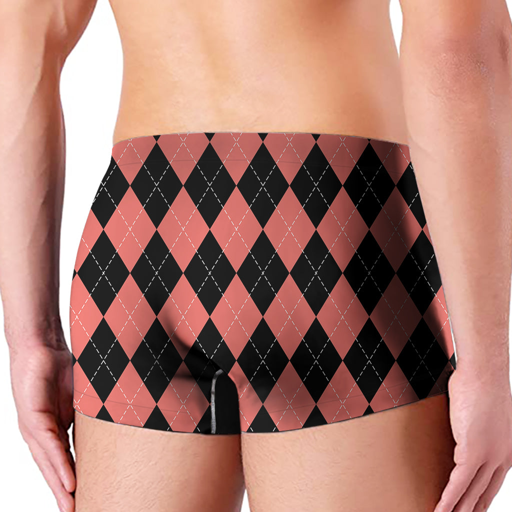 Black And Coral Argyle Pattern Print Men's Boxer Briefs