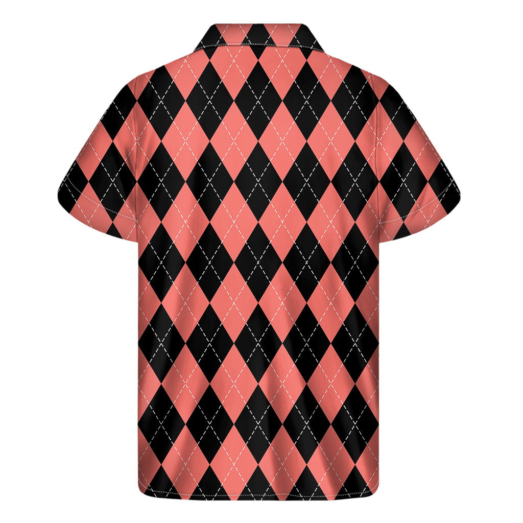 Black And Coral Argyle Pattern Print Men's Short Sleeve Shirt