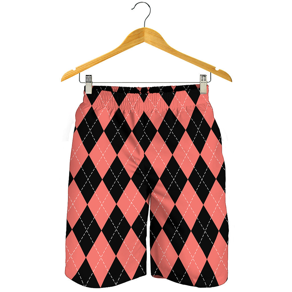 Black And Coral Argyle Pattern Print Men's Shorts