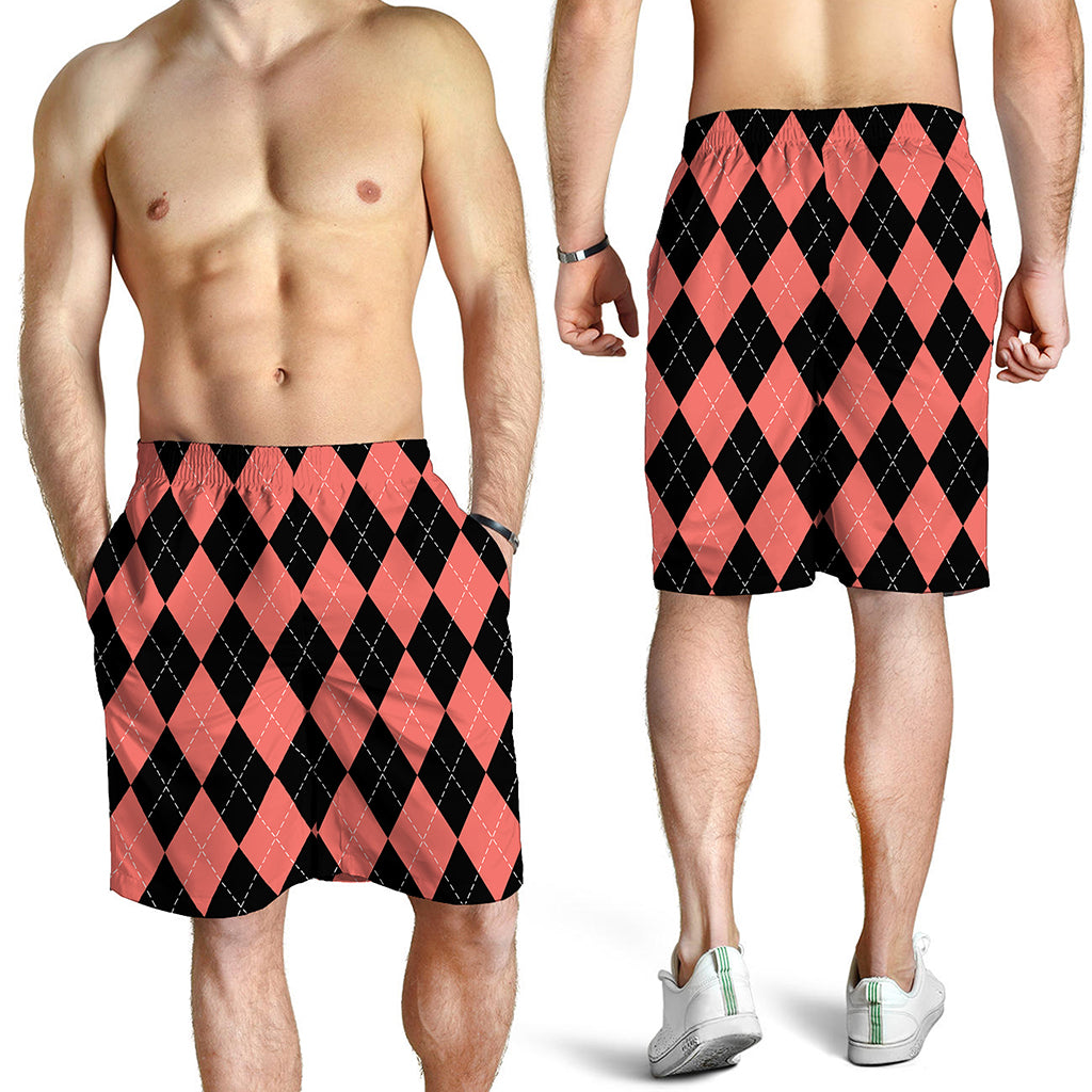 Black And Coral Argyle Pattern Print Men's Shorts