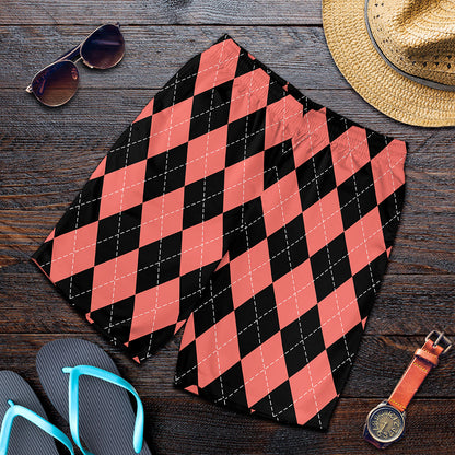 Black And Coral Argyle Pattern Print Men's Shorts