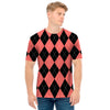 Black And Coral Argyle Pattern Print Men's T-Shirt