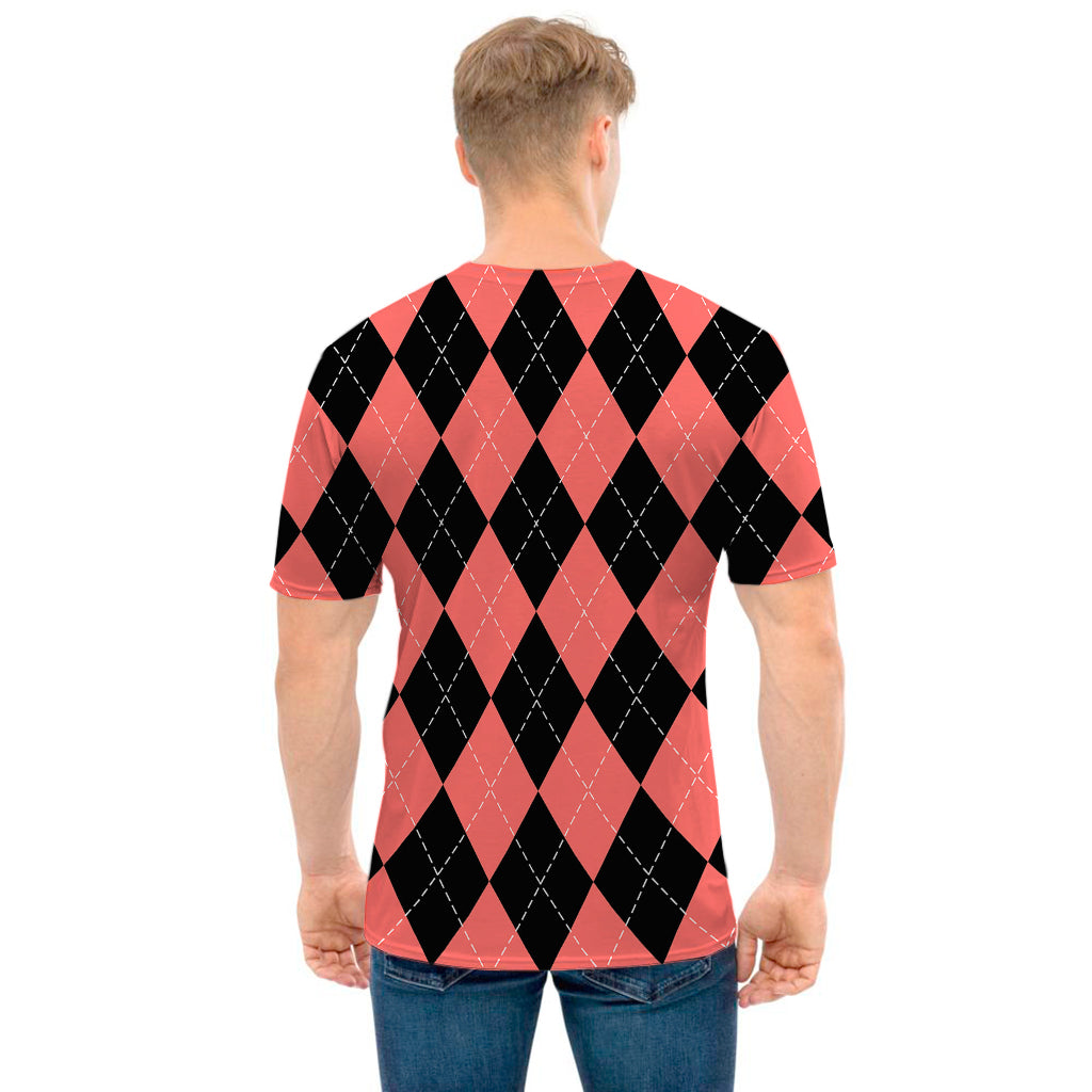 Black And Coral Argyle Pattern Print Men's T-Shirt