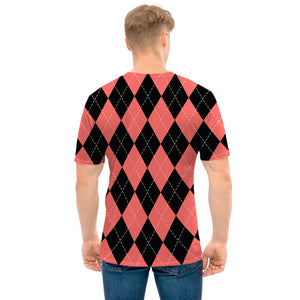 Black And Coral Argyle Pattern Print Men's T-Shirt