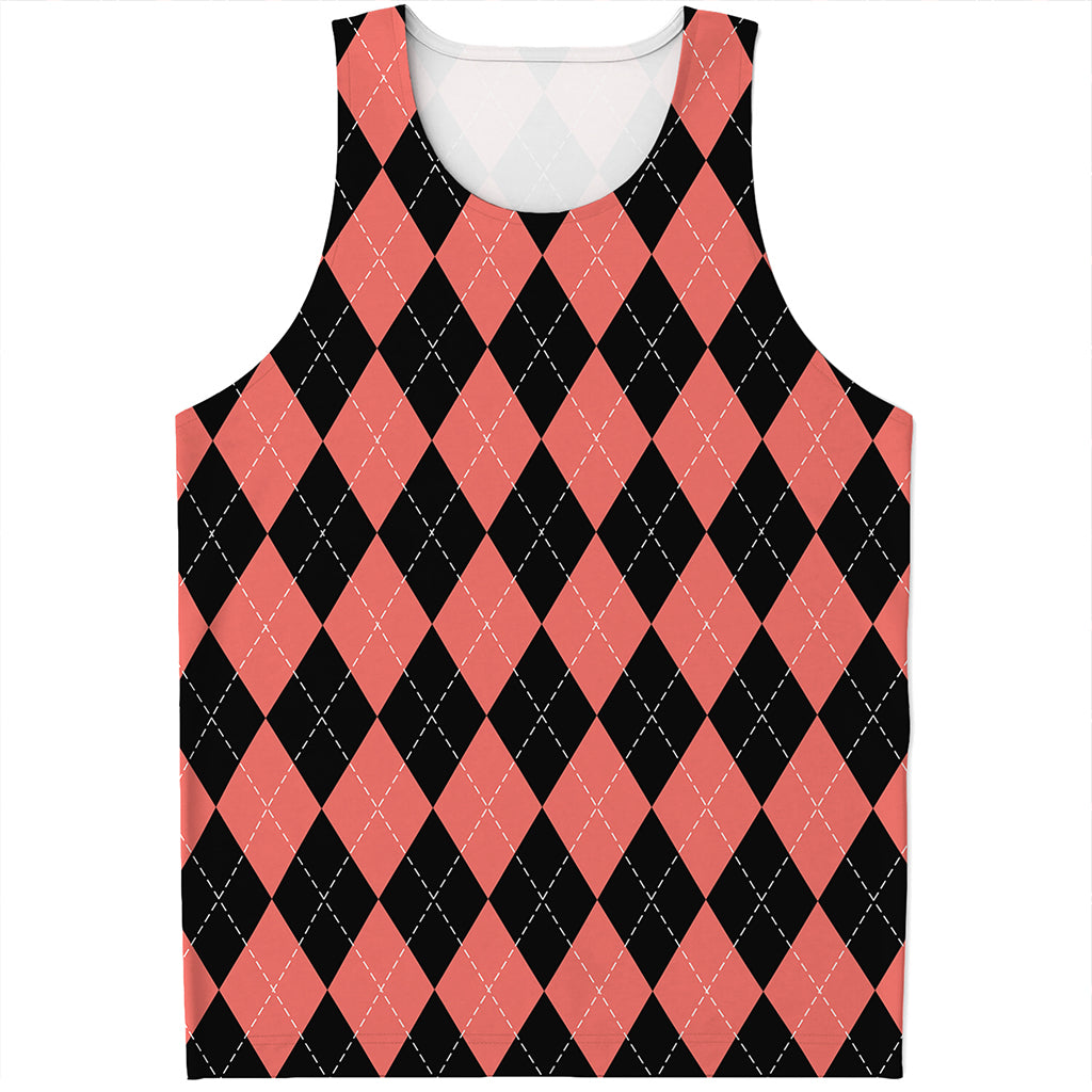 Black And Coral Argyle Pattern Print Men's Tank Top