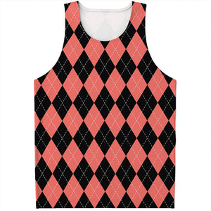 Black And Coral Argyle Pattern Print Men's Tank Top