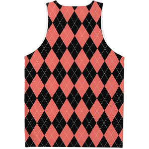 Black And Coral Argyle Pattern Print Men's Tank Top