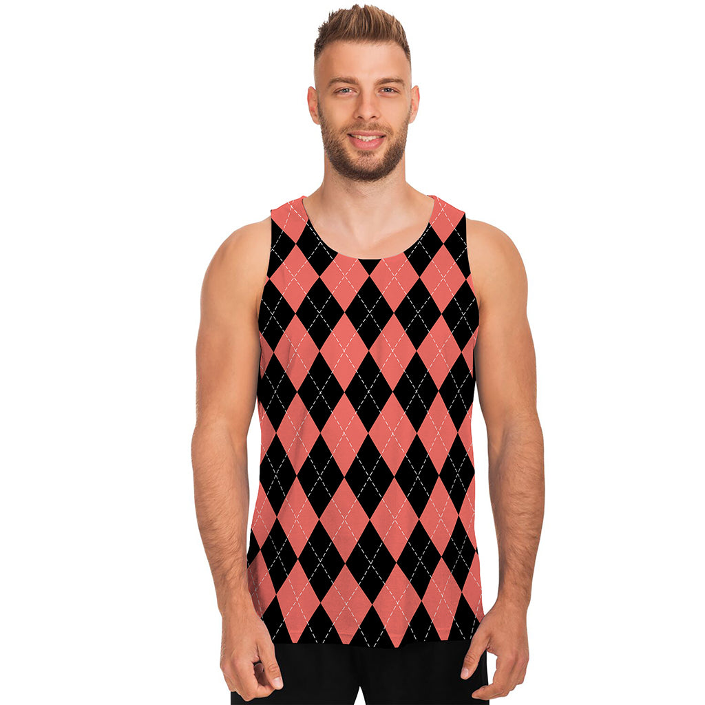 Black And Coral Argyle Pattern Print Men's Tank Top