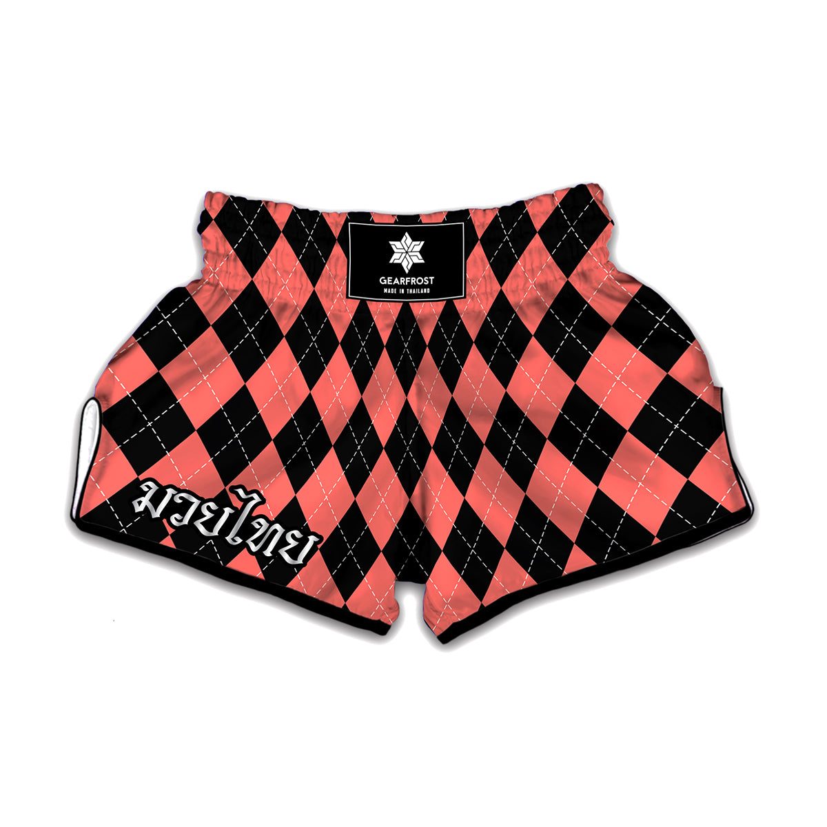 Black And Coral Argyle Pattern Print Muay Thai Boxing Shorts